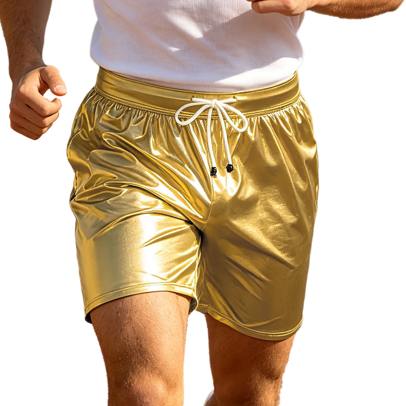 Mens Metallic Shiny Shorts Hollow Out Mesh Back Elastic Waistband Shorts with Pockets Disco Rave Clubwear Beachwear Sportswear