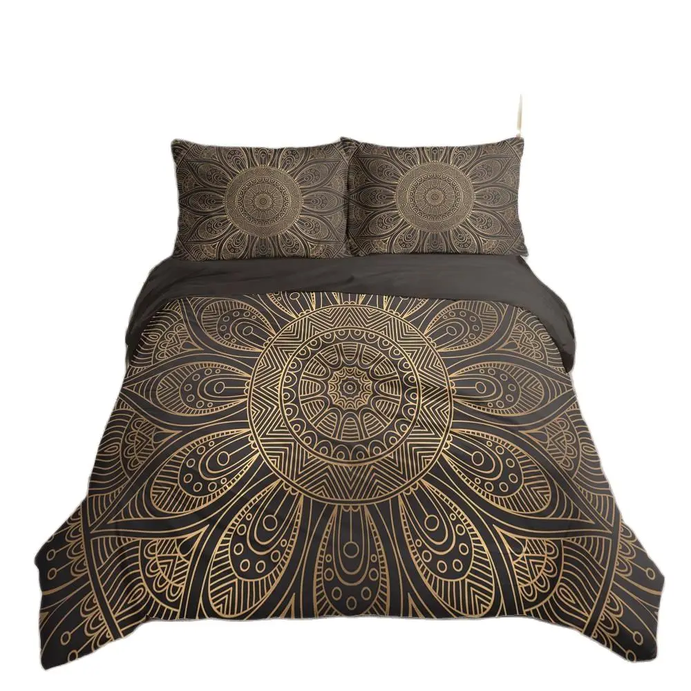 Luxury Buddhist Lotus Pattern Bedding Set 3D HD Black Golden King Size Comforter Duvet Cover Pillowcases Bedclothes Drop Ship