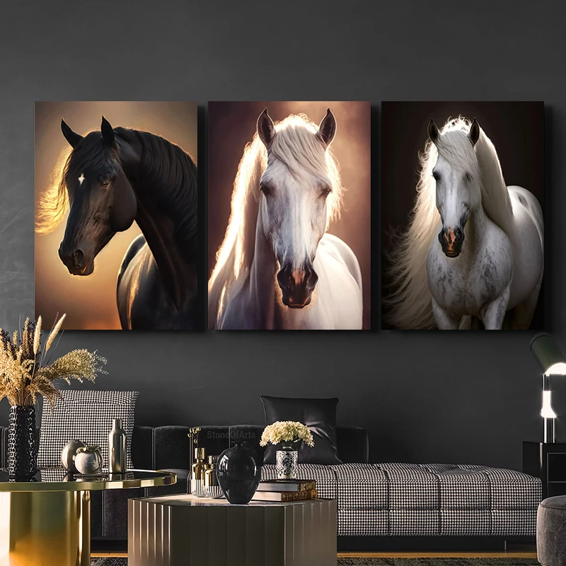 Black and White Wild Horses Canvas Paintings on The Wall Art Posters Prints Wall Picture Modern Animals Art Room Decor Frameless