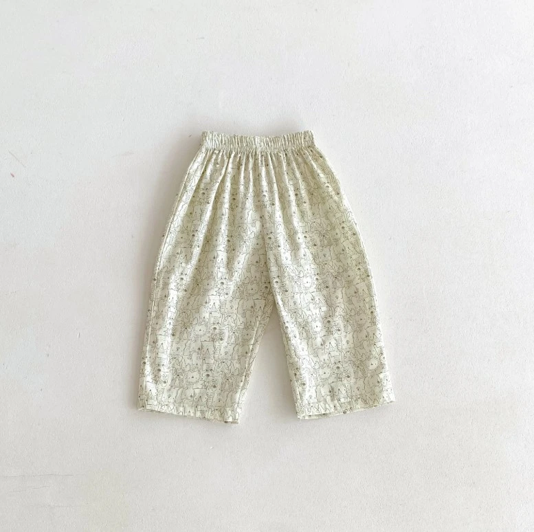 Boys And Girls Korean Style Loose Fit Pants With Grid And Cartoon Patterns Comfortable Elastic Waist Trousers For Summer Pants