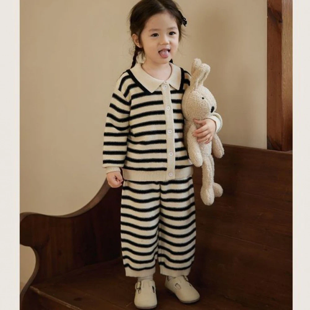 

1-5T Girls Knitted Striped 2piece Set 2024 New Autumn Versatile Single Breasted Lapel Cardigan+Casual Elastic Straight Pants