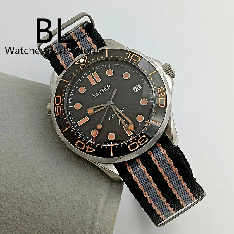 BLIGER 41mm Automatic Watch For Men NH35 MIYOTA PT5000 Movement Rotating Bezel Sapphire Glass Black Orang Dial Nylon Band Date