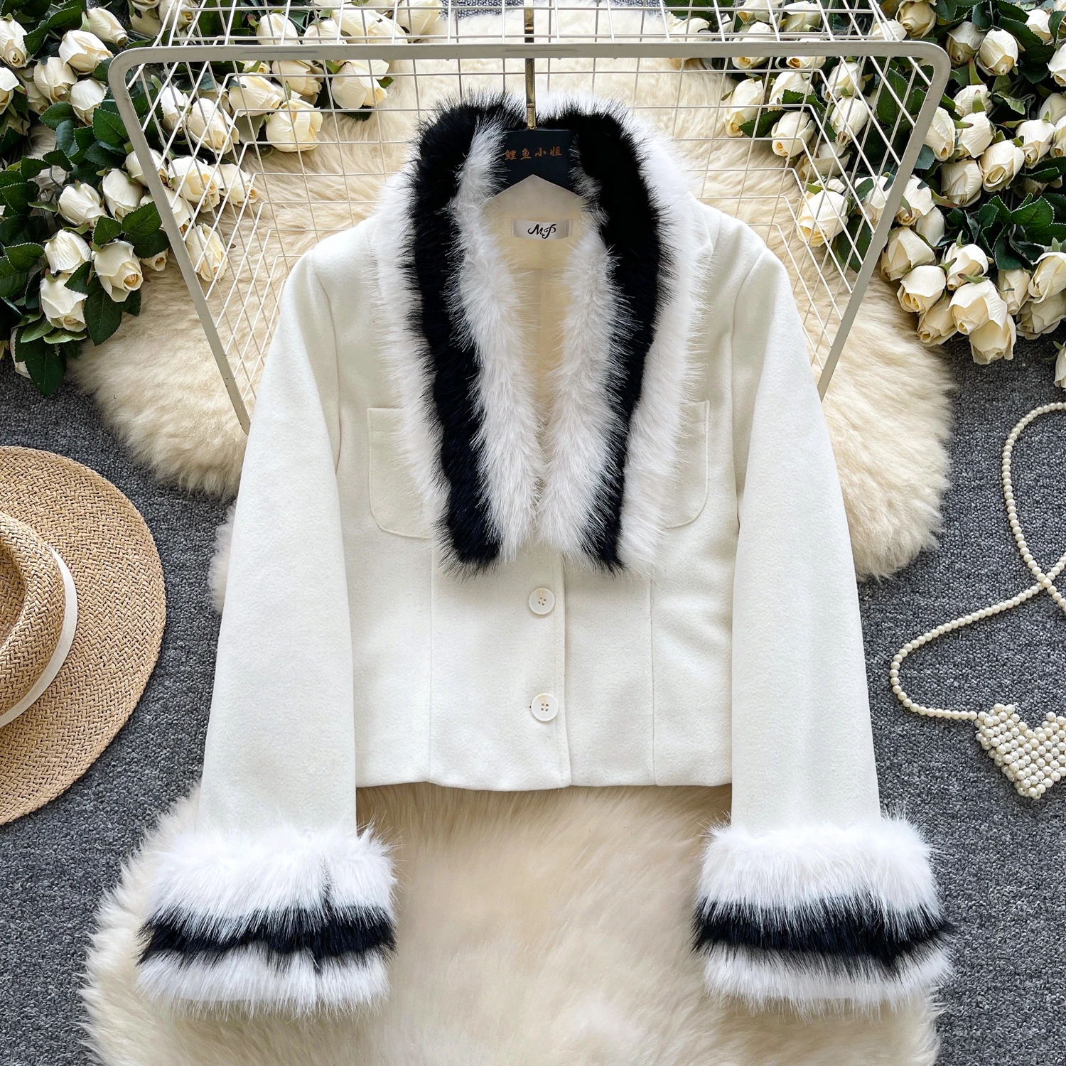 سيدة الشتاء فو الفراء كم معطف جاكيتات المرأة العصرية جيب المرقعة المحاصيل القمم الإناث الدافئة مهرجان عشاء مأدبة معطف الحفلات #1