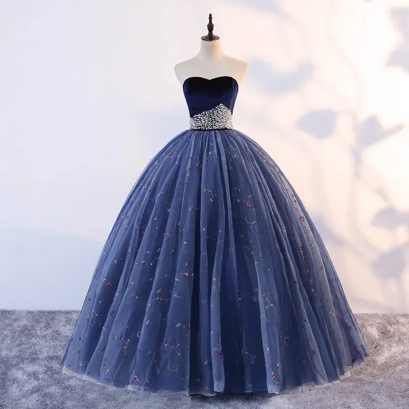 Strapless Navy Blue Velvet Ball Gown Lace Up Back Floral Tulle Quinceanera Dresses Crystal Waist Prom Evening Party Formal Dress