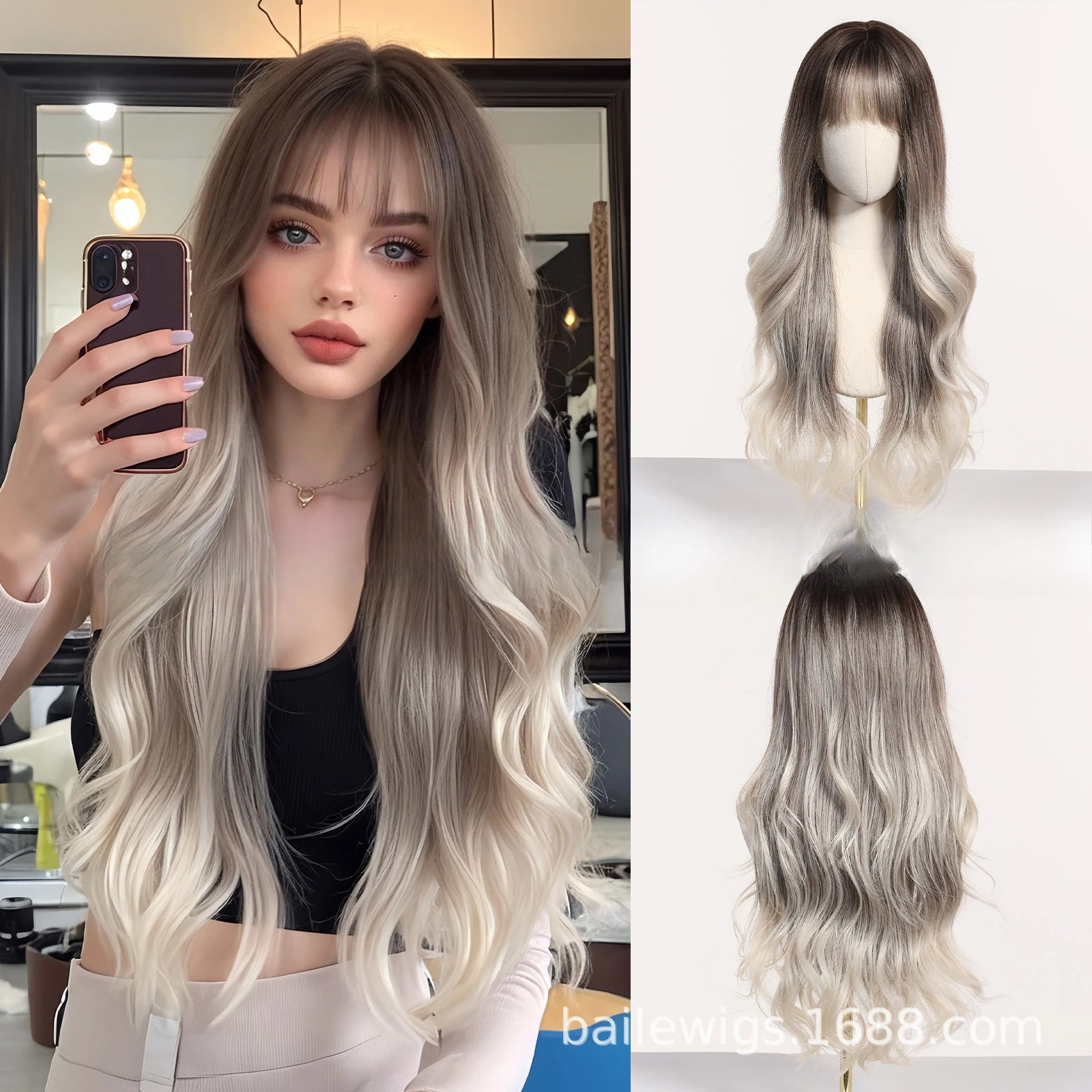 

Wig full headgear Qi bangs gray brown gradual change platinum long curly hair chemical fiber women headgear hair Europe and Amer