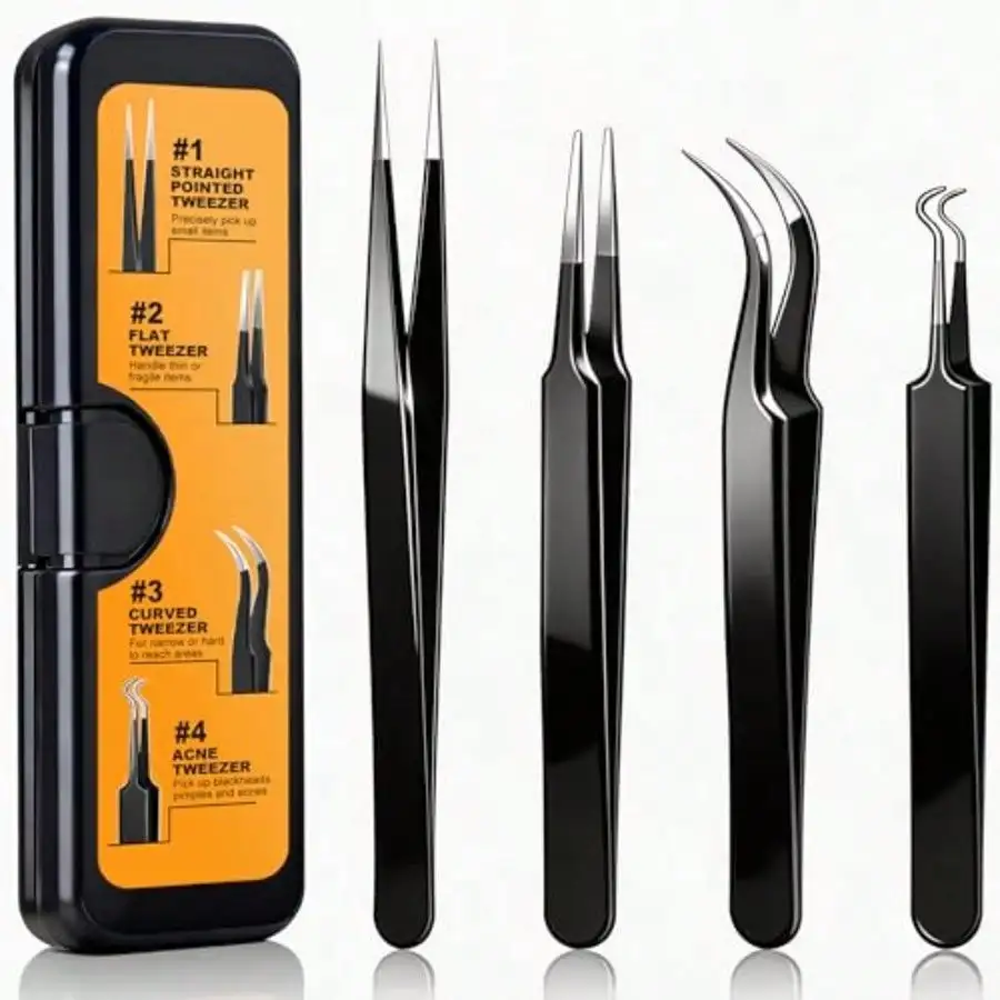 4-Pack Precision Tweezers Set Curved And Pointed Tweezer Kit Craft Eyelas Extension Blackea Facial Air Ingrown Air Removal Electronics Solde Ewelry - Wit Case