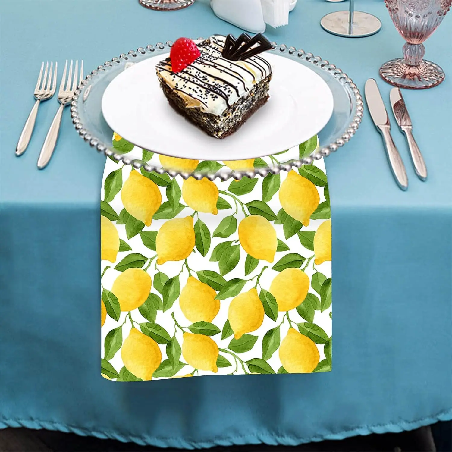 2Pcs Lemon Green Leaf Painting Cloth Napkins Wedding Decoration Washable Reusable Table Napkins for Holiday Party Table Decor