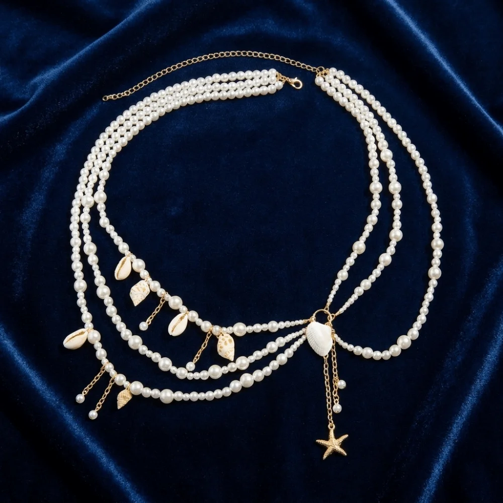 Multilayer Pearl Waist Chain Starfish Shell Pendant Stylish Body Chain Belt All-match Elegant Waist Accessories Bikini