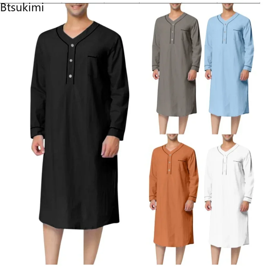 New 2025 Men Jubba Thobe Solid Color Pajamas Fashion Solid Loose Muslim Robe Long-sleeved Nightgown Bathrobes Mens Muslim Kaftan