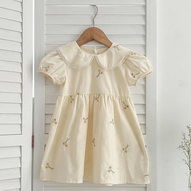 

Платье для девочек, повседневное, с вышивкой и цветочным узором, модное, на день рождения, для маленьких принцесс, хлопковое, с пышными рукавами