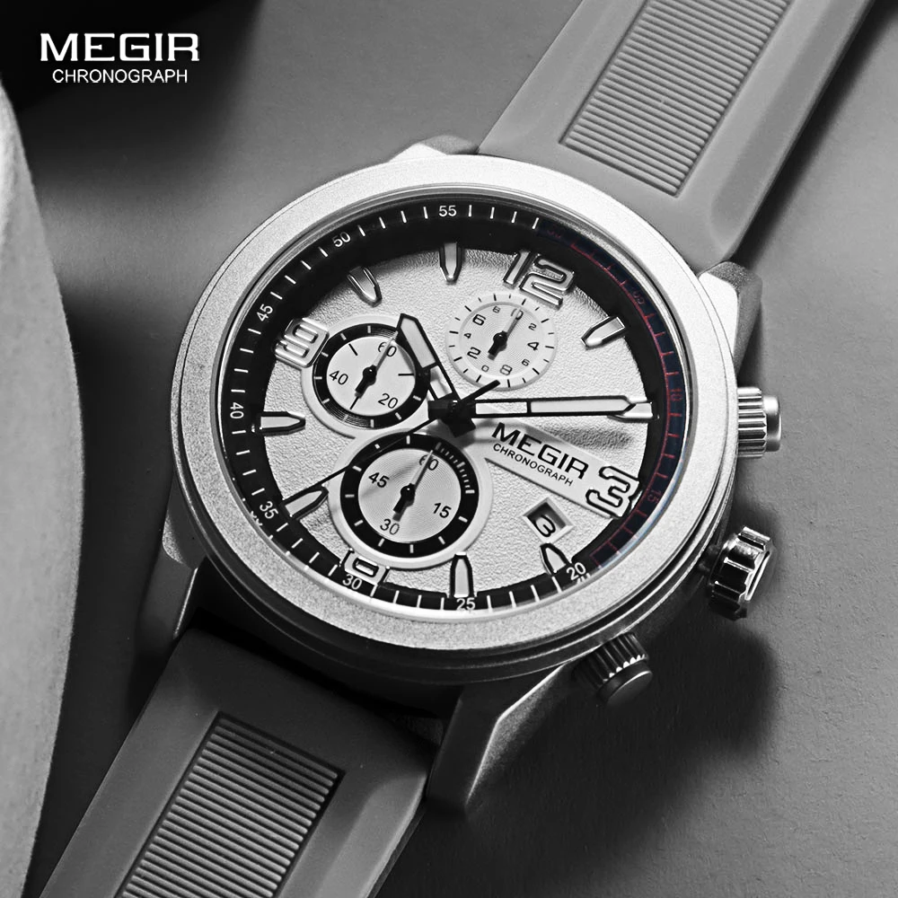 MEGIR Fashion Silicone Strap Sport Watch for Men Silicone Strap Waterproof Chronograph Quartz Wristwatch with Luminous Hand Date