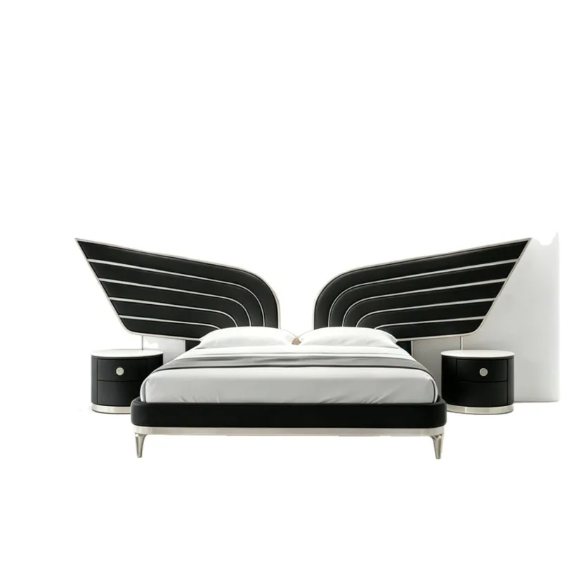 Italian-style widescreen genuine leather bed, luxury villa, model room, master bedroom double bed