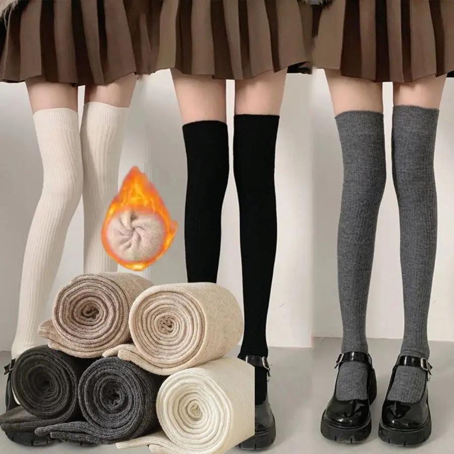

Women Soft Wool Long Socks Autumn Winter Thick Knit Thigh High Stockings Skinny Knee High Warm Thicken Girls Socks Hosiery