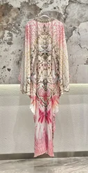 Women Pink Floral Printed Robe Beaded V-Neck Long Flare Sleeve Elegant Autumn 2024 100% Silk Maxi Dress