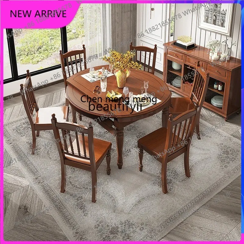 

American solid wood retractable round dining table and chair combination simple restaurant dining table small apartment H H