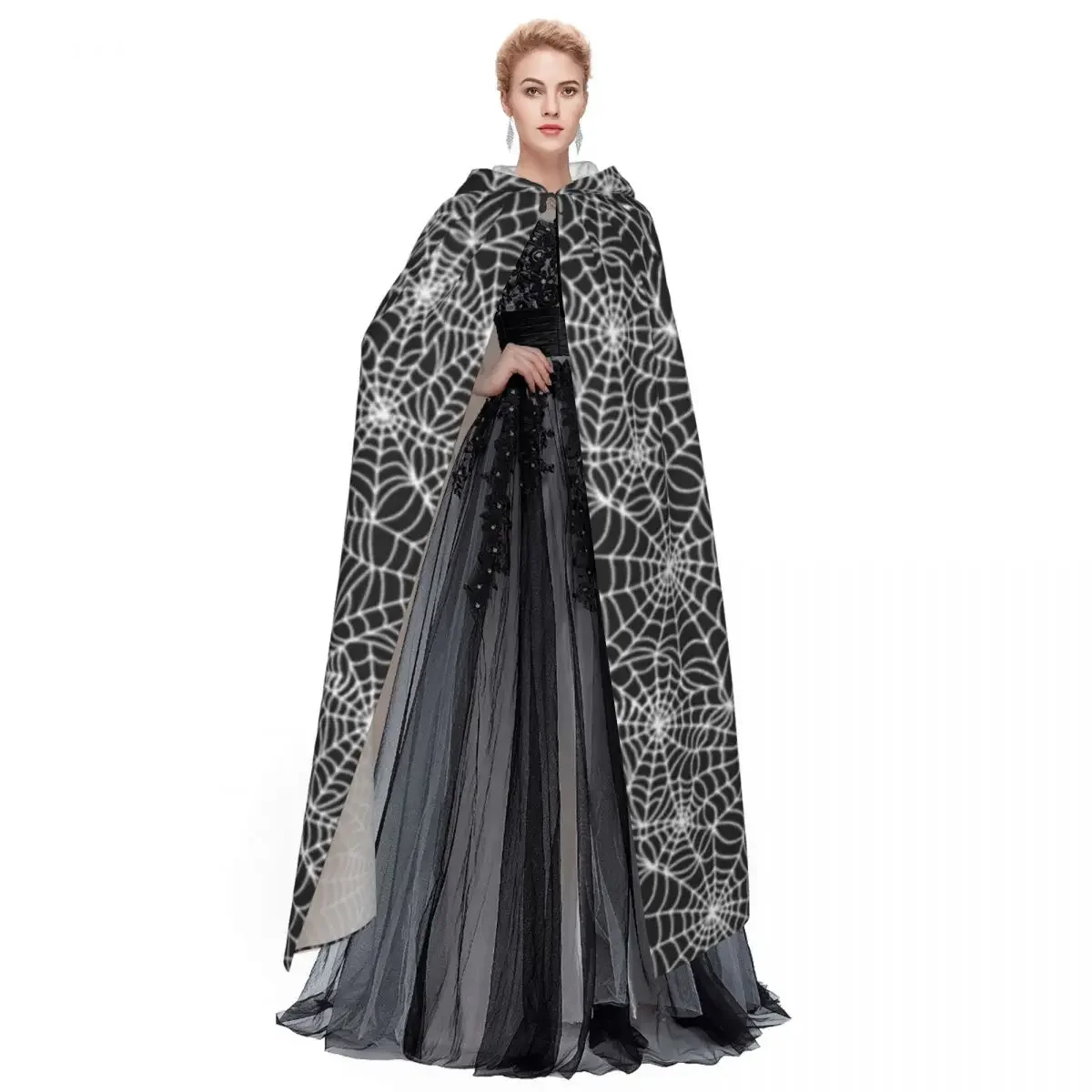 Spider Web Pattern Long Hooded Cloak Witch Medieval Costume Cosplay Cape HalloweenCoat Adult Unisex