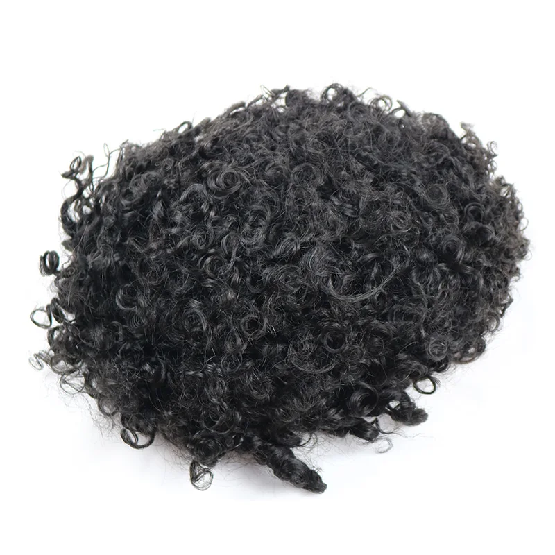 12mm Afro Curly Natural Hairline Durable Thin Male Brown Mens Toupee 1B40 1B80 Grey Human Hair Wigs Skin Pu Capillary Prosthesis