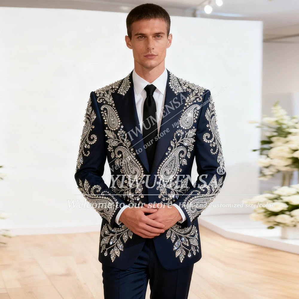 

Блестящие свадебные костюмы с бриллиантами и бисером для мужчин, комплект из 2 предметов, однобортный пиджак, брюки, индивидуальный наряд для жениха, смокинги Slim Fit
