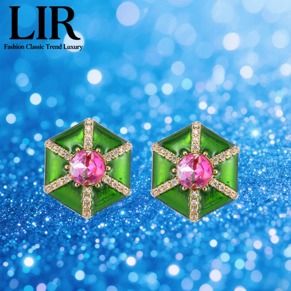 

Женские серьги-гвоздики LIR Enamel с геометрическим рисунком в стиле ретро, зонтик - в форме зеленого и красного художественного пэчворка, подарочная коробка, бесплатная доставка