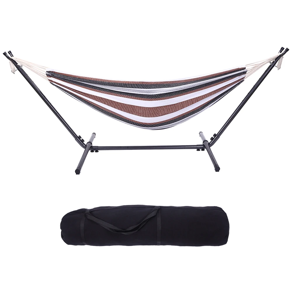 

Professional Black & Silver Flowers Hammock Stand with Polyester Coffee Stripe Hammock