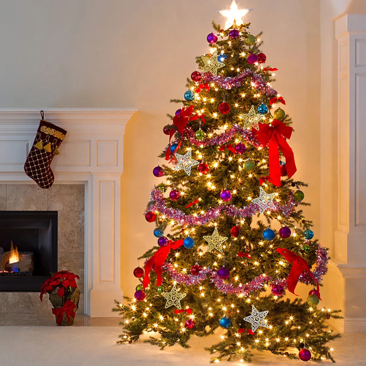 

50Pcs Hollowed Christmas Five- Hanging Pendants Xmas Tree Wall Balcony Hanging Ornaments Festival Decorative Supplies