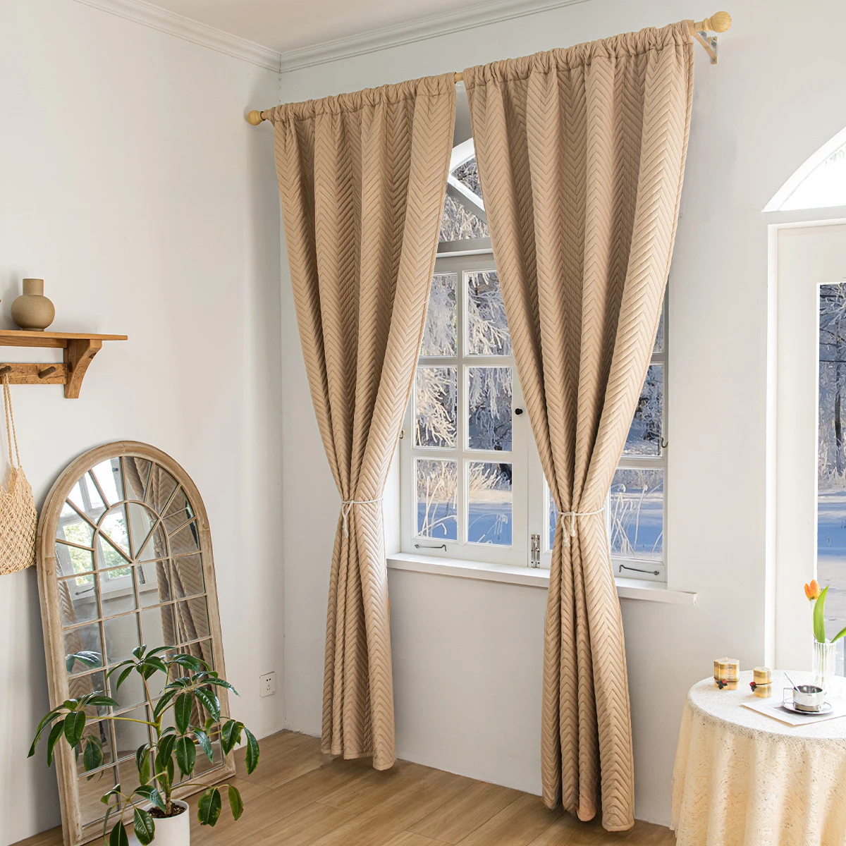 Winter Heavy Duty Windproof Warm Quilted Plush Cold-Proof Full Blackout Curtain Rod Pocket Window Drapes for Living Room Bedroom