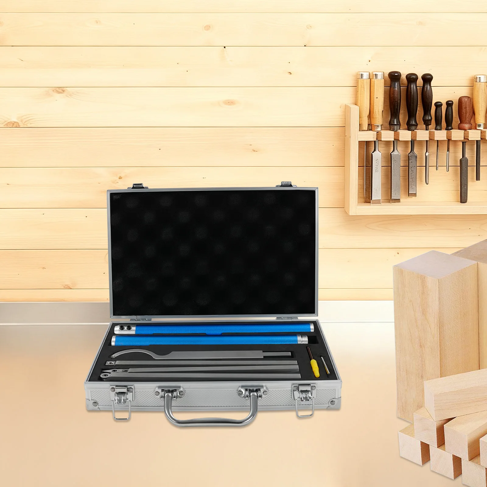 4 Piece Carbide Wood Lathe Tools Set Square Diamond Round Blades with Aluminum Tool Case for Woodturning Pen Bowl Spindle Turning