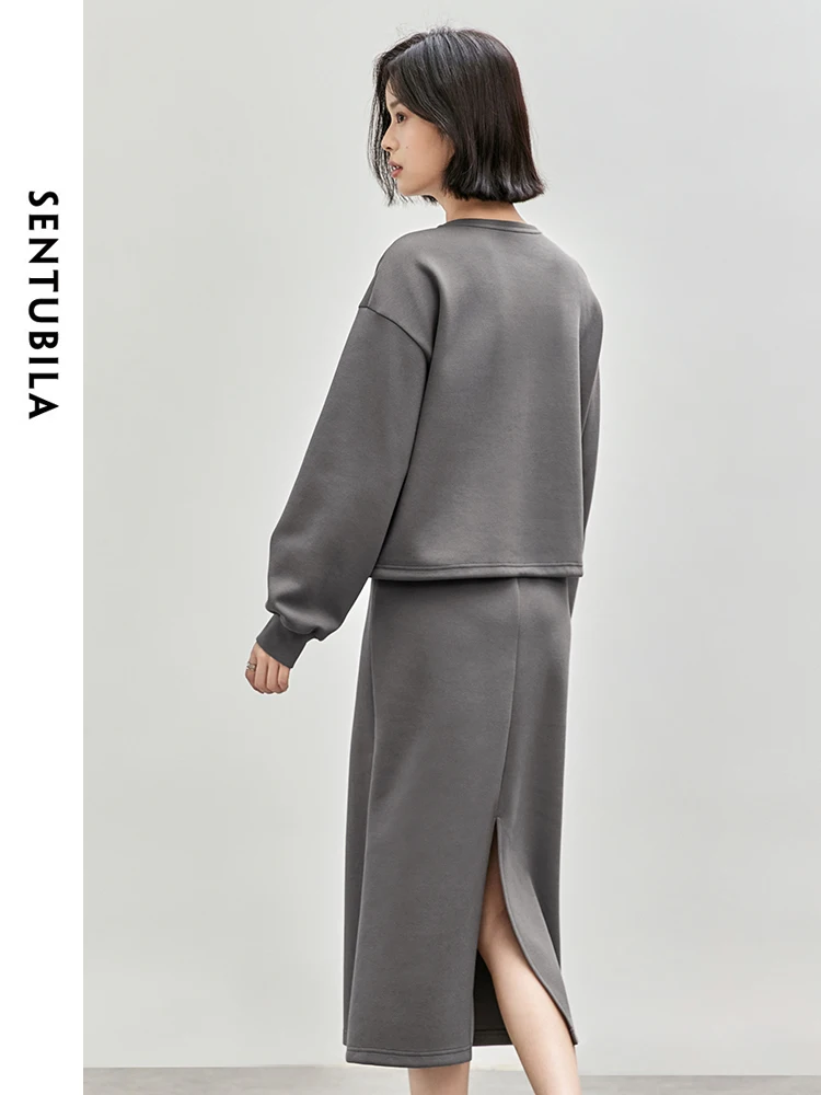 SENTUBILA Women 2 Piece Set 2026 Autumn Spliced 2 In1 Sweatshirt Hight Waist Slit-hem Long Skirt Casual Knitted Sets 143Z56174