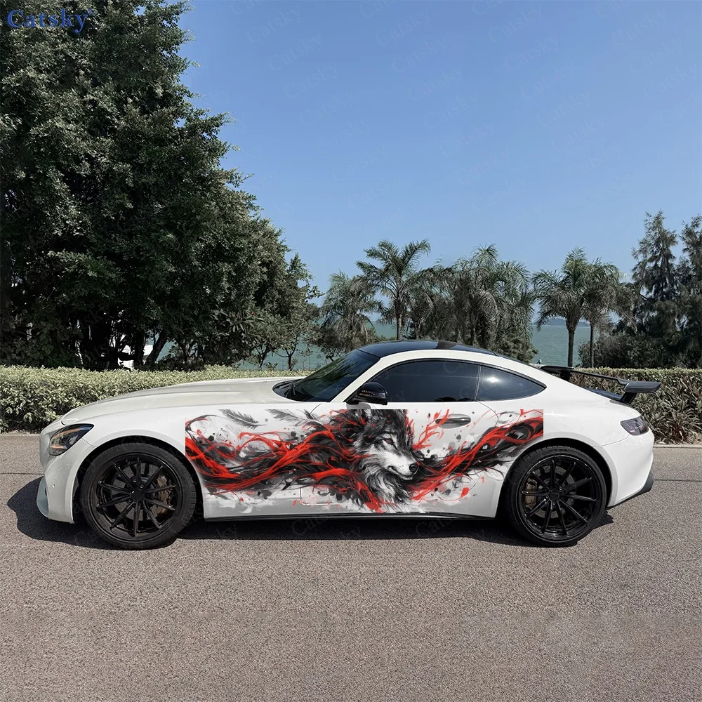 

2Pcs Fierce Wolf in Red and Black Swirls Car Body Side Sticker, Automotive Door Side Graphics for Cars, Car Decoration Accessory