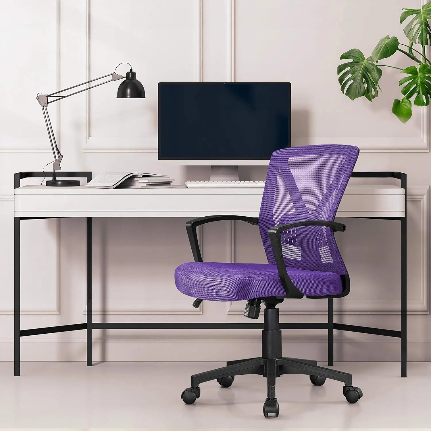 Ergonomic Mesh Office Chair with Adjustable Lumbar Support, Mid Back Swivel Task Chair in Purple