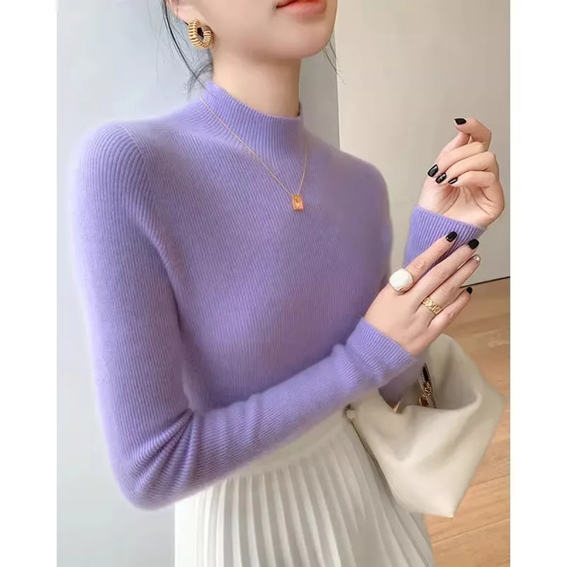

Autumn Winter Half High Neck Bottoming Thin Sweaters Women's Thickened Soft Glutinous Slim Sweater Long Sleeve Knitted Top
