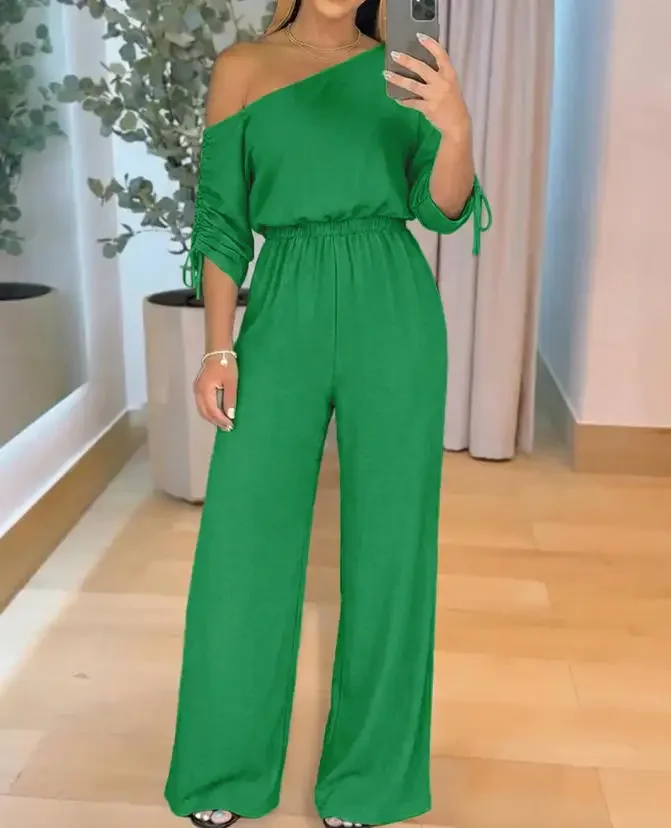 2026 New Women's Long Pants Jumpsuit Elastic Diagonal Collar Drawstring Sleeves Elastic Casual High Waisted Wide Leg Jumpsuit