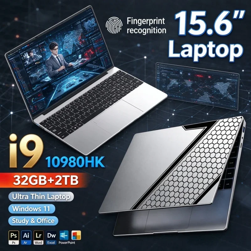 New 15.6'' Windows11 Laptop Intel I9 10980HK 32GB RAM 1TB 2TB SSD Fingerprint Unlock Lightweight Office Gaming Notebook Computer