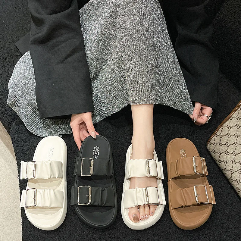 2024 New Summer Women Slippers Fashion Beach Cork Slippers Casual Double Buckle Non-slip Slides Women Slip On Flip Flop Shoe 40