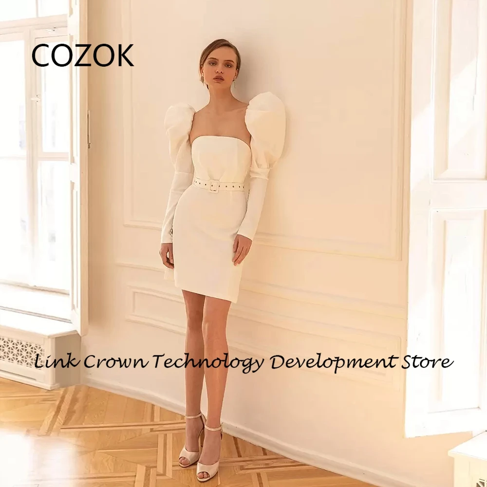 

COZOK Full Sleeve Wedding Dresses for Women 2024 Summer Knee Length Satin Bridal Gowns with Belt Strapless Vestidos De Novia