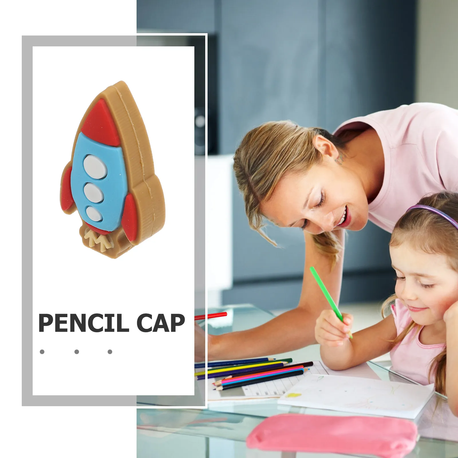6Pcs PVC Rocket Pencil Extender Cute Cartoon Pencil Cap Protector Tip Guard for Students Artists School Office Home