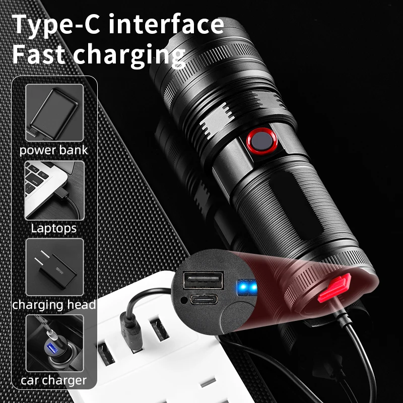 Powerful Spotlight Long Range LED Flashlight Strong Light Lamp Tactical Torch Lantern Built-in Battery Type-C Charging Torch