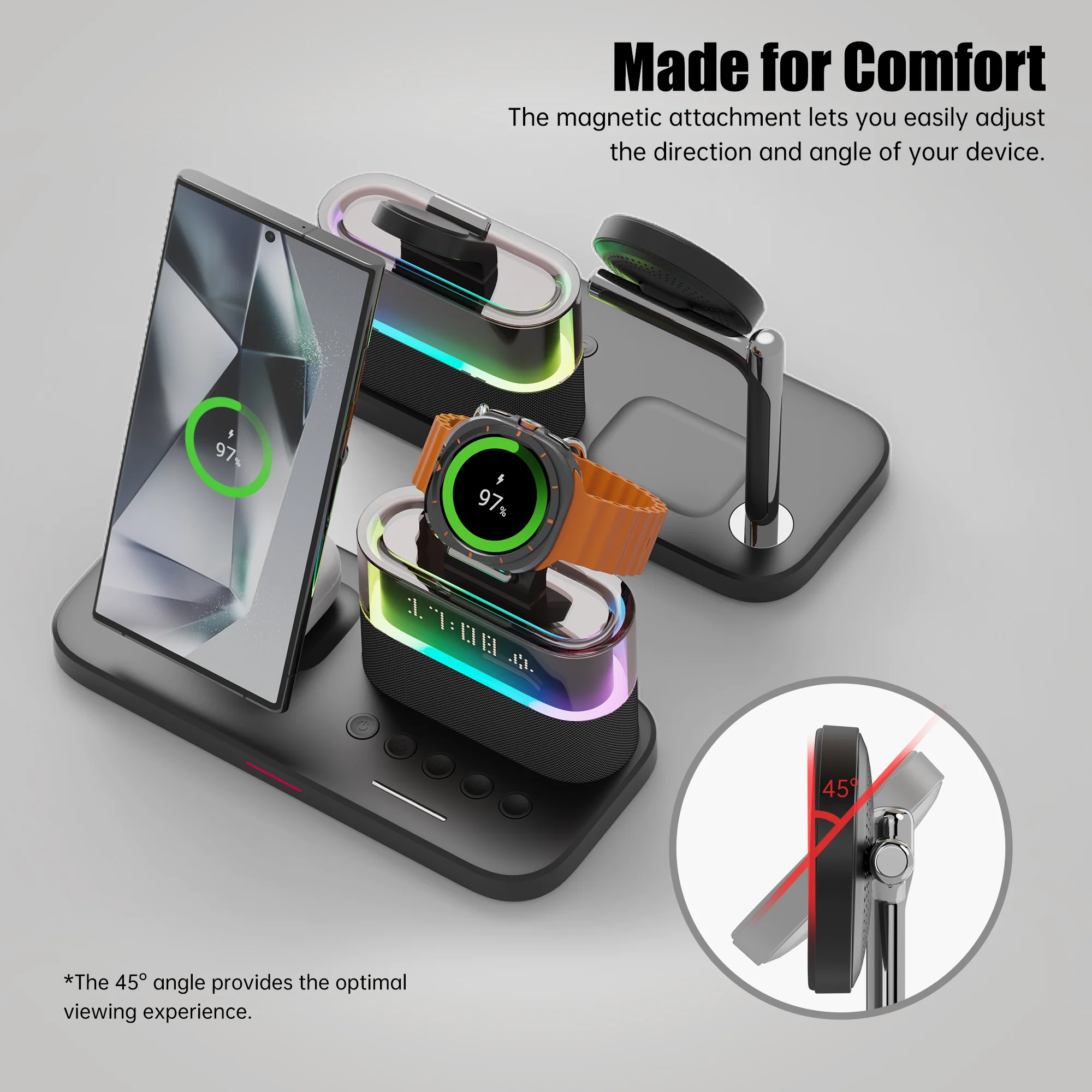 5-In-1 Magnetic Wireless Charging Station QI Certified RGB Light Clock Alarm For Phone Earbuds Samsung Galaxy Watch
