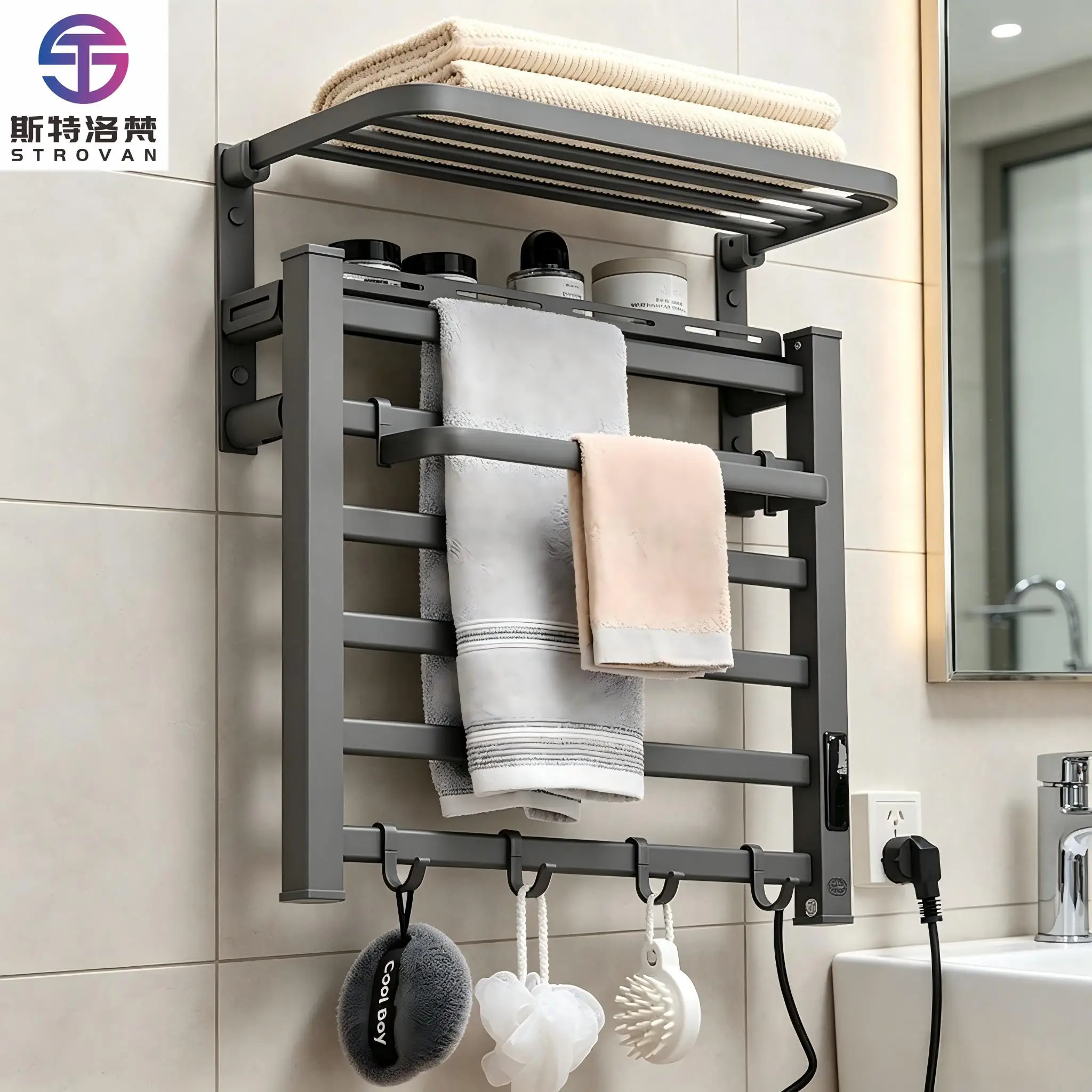 Cross-border Intelligent Towel Rack Electric Heating Bathroom Storage Rack Quick Heat Drying IPX4 Waterproof Sterilization Dust