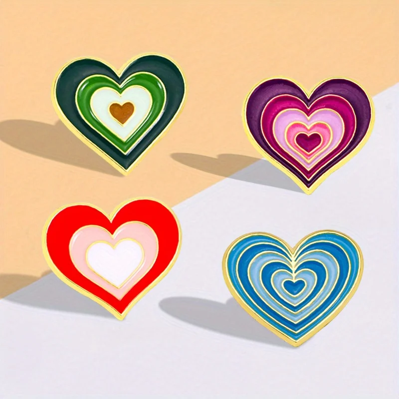 Fashion Colorful Layered Heart Enamel Brooches Set Love Heart Lapel Pins for Women