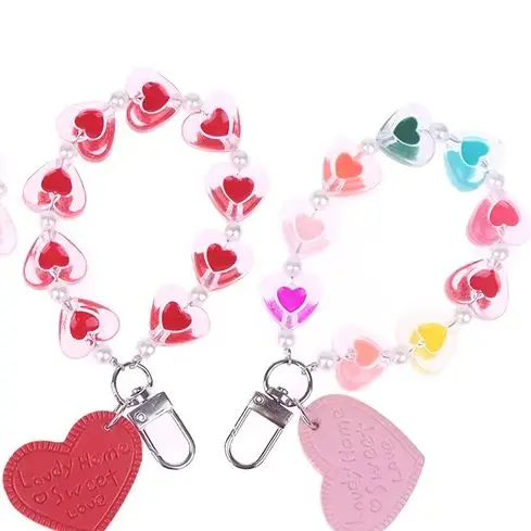 Crystal Love Heart Lanyard For Phone Anti-Lost Bracelet For Mobile Phone Case Wrist Strap Car Keychain Cute Phone Charm