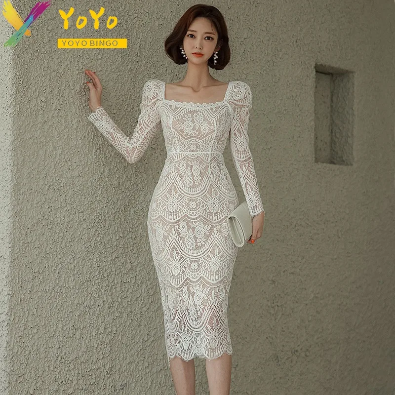 

Formal White/Black Flower Hollow Lace Square Neck Bubble Sleeves Dress Elegant 2024 Spring Slim Bodycon Party Club Dress