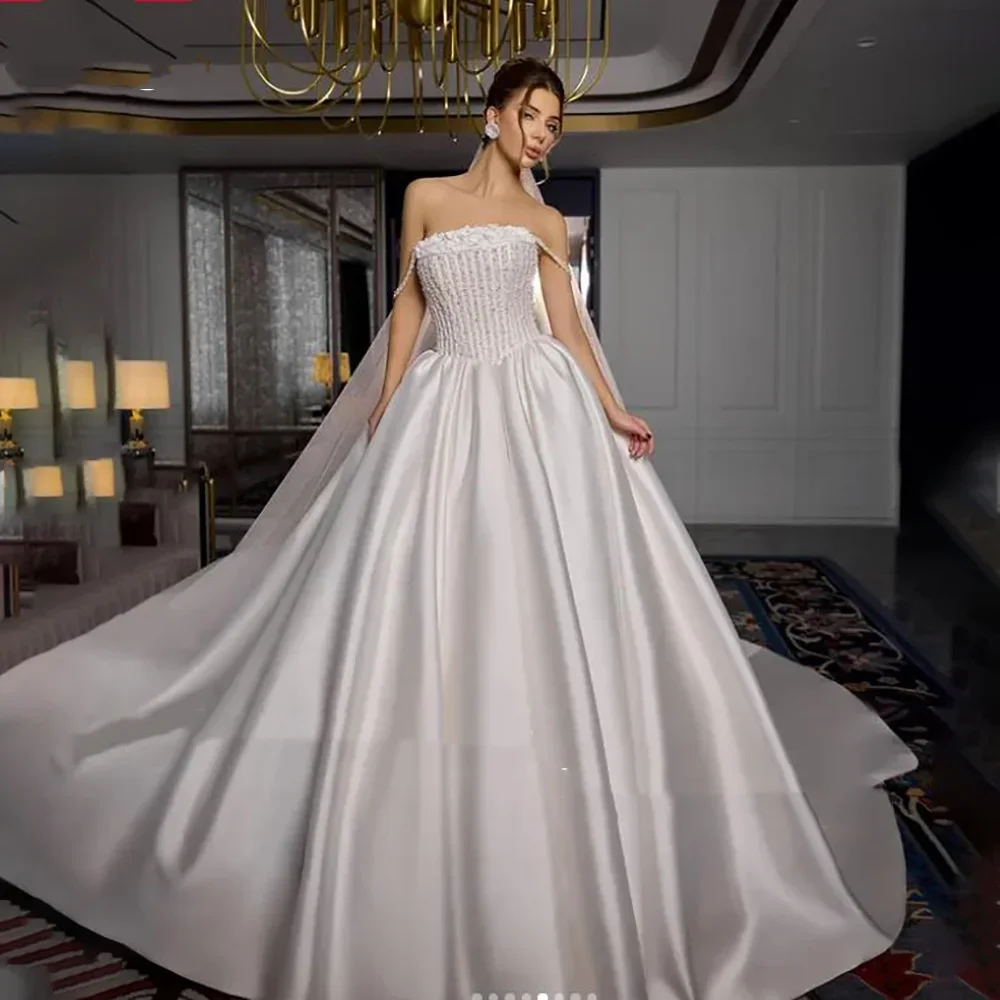 

Flavinke Customized Vintage Wedding Dresses Off Shoulder Pearls Shiny Satin A-Line Ivory Corset Bridal Gown Princess Dresses
