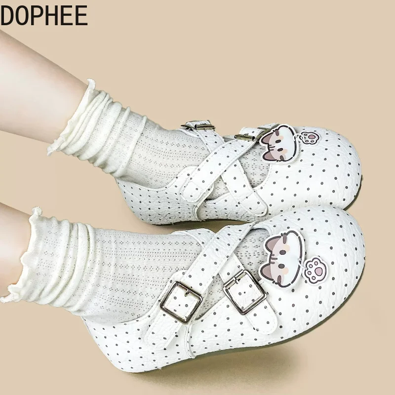 Japanese Wind Polka Dot Women's Mary Jane Shoes Double Buckle JK Flat Bottomed Leather Shoes Round Toe Students Lolita Shoes