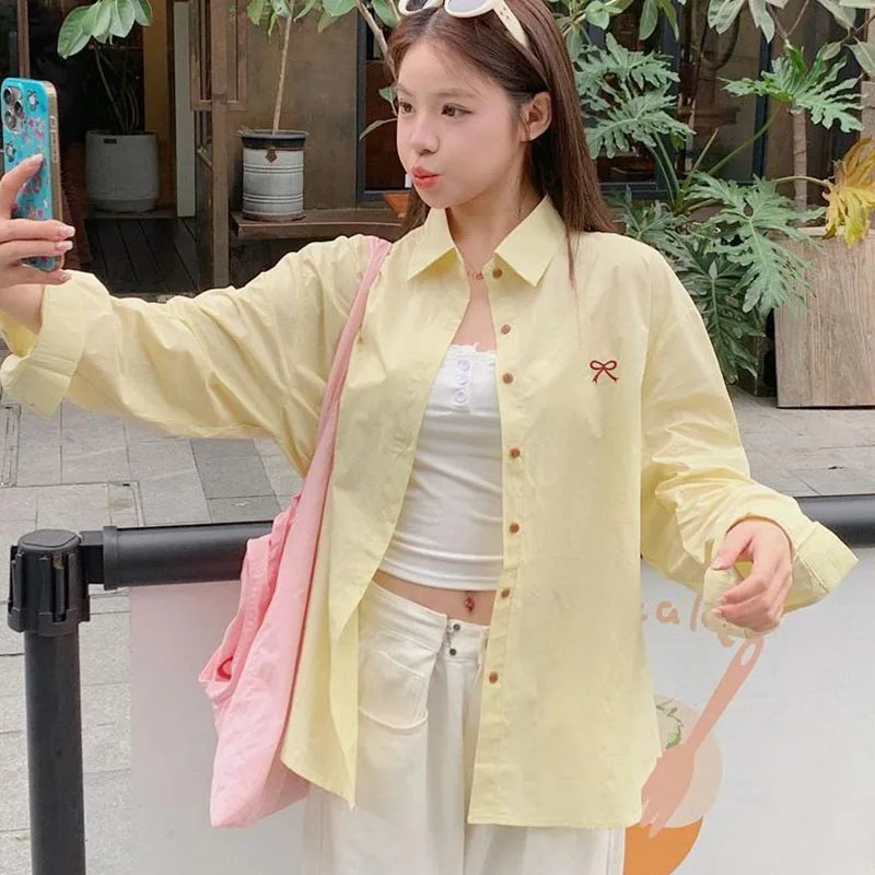 

Office Lady Fashion Simple Single Breasted Tops Spring Casual Bow Embroidery Loose Commute Long Sleeve Thin Shirts JJ222