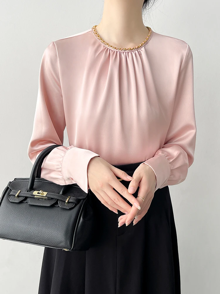 

Korean Sle Long Sve Silk irt Women's Design Commute Profional Outfit Pink Top Breathable Comfortable Korean Faion