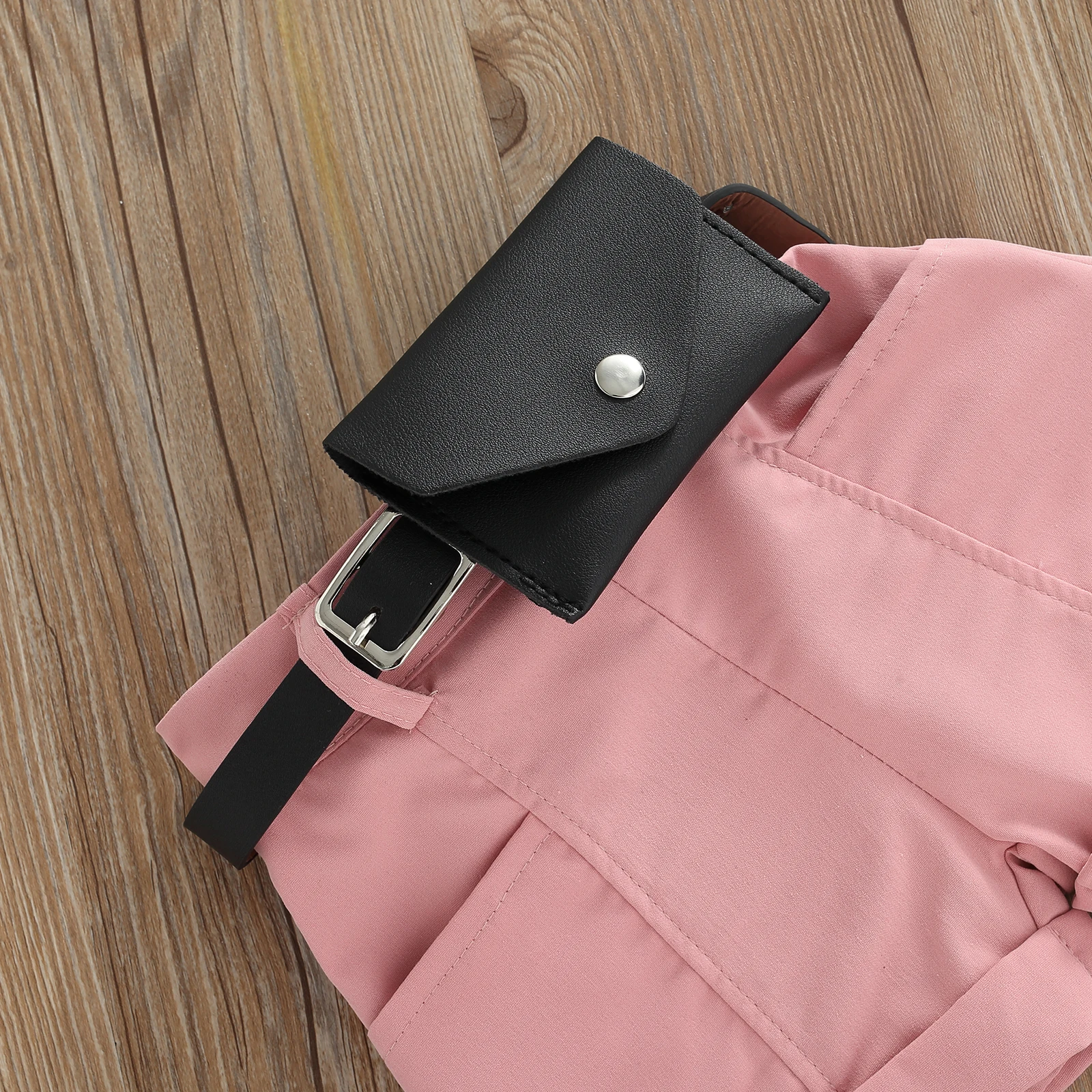 2022-03-02 Lioraitiin 0-4Years Toddler Little Girls 3Pcs Solid Ribbed Stand-Up Collar Tops Belted Short Pants Small Waist Pack image 5