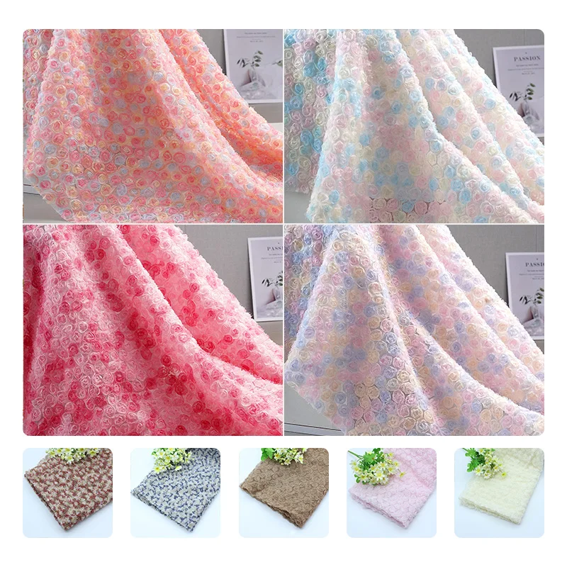 

Encrypted Seven-Color Embroidered Silk Georgette Fabric Hollow Out Rose Peony Flower Wedding Dress Mesh Embroidery Material