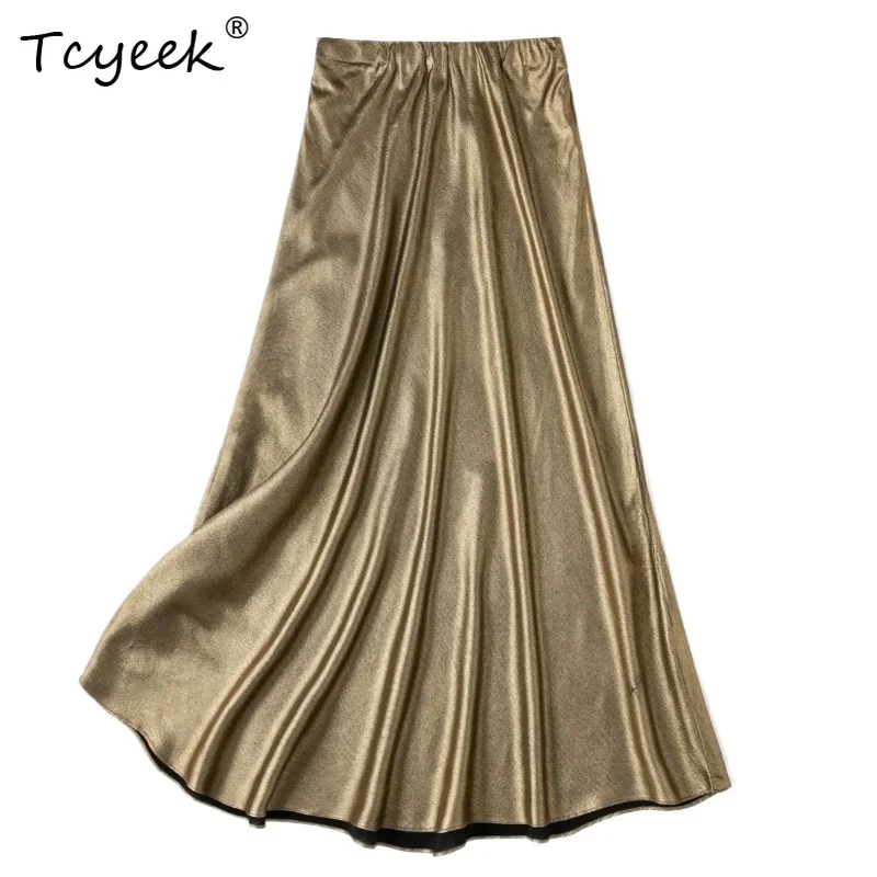 Tcyeek 100% Real Silk Womens Skirts Summer Skirt Metallic Texture Elegant Fish Tail Skirt Female Clothing Faldas Para Mujeres
