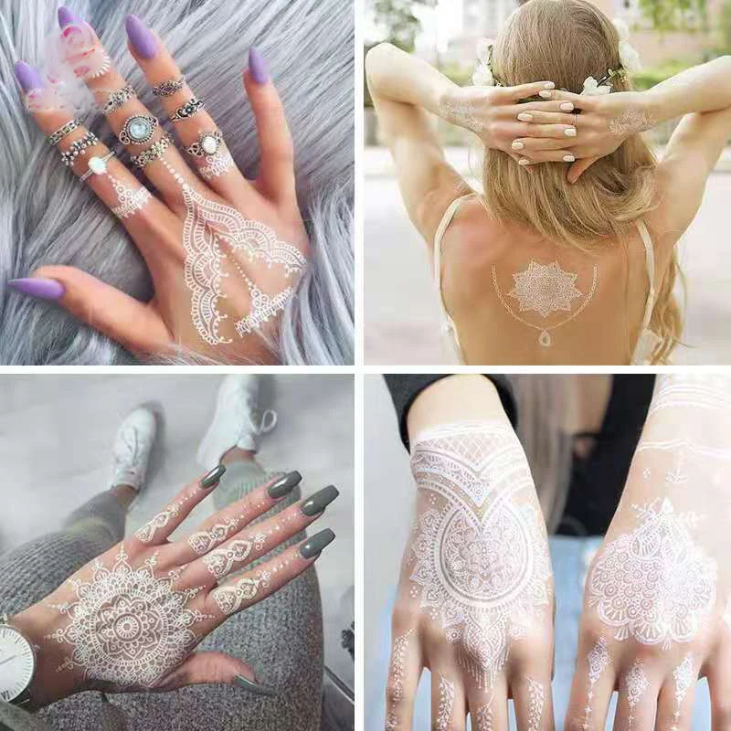 Tatuagens Temporárias de Henna para Mulheres, Impermeável, Body Art, Adesivo Mehndi para Mão, Transferência de Água Hena, Branco